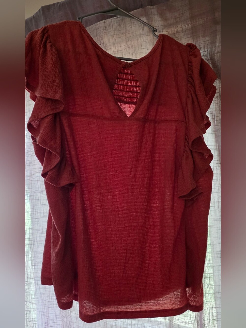 Women's Maurices Ruffle Sleeve Keyhole Back Top - Rust Color